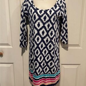 Lilly Pulitzer Navy and White Patterned Dress with Striped Hem